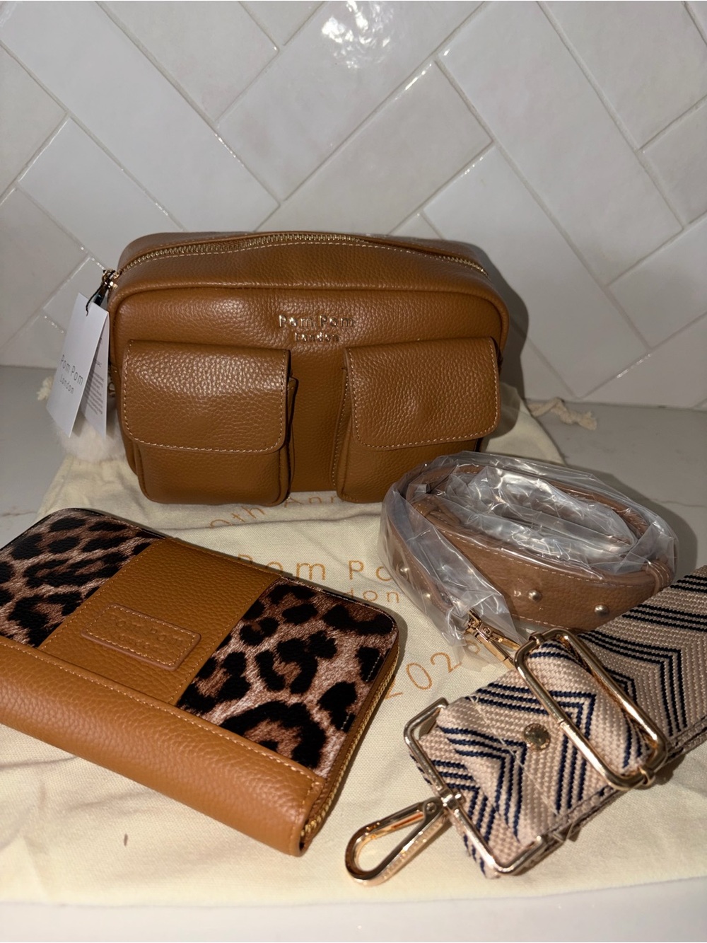 Pom Pom London maple Chiswick crossbody bag purse bundle with leopard wallet NWT